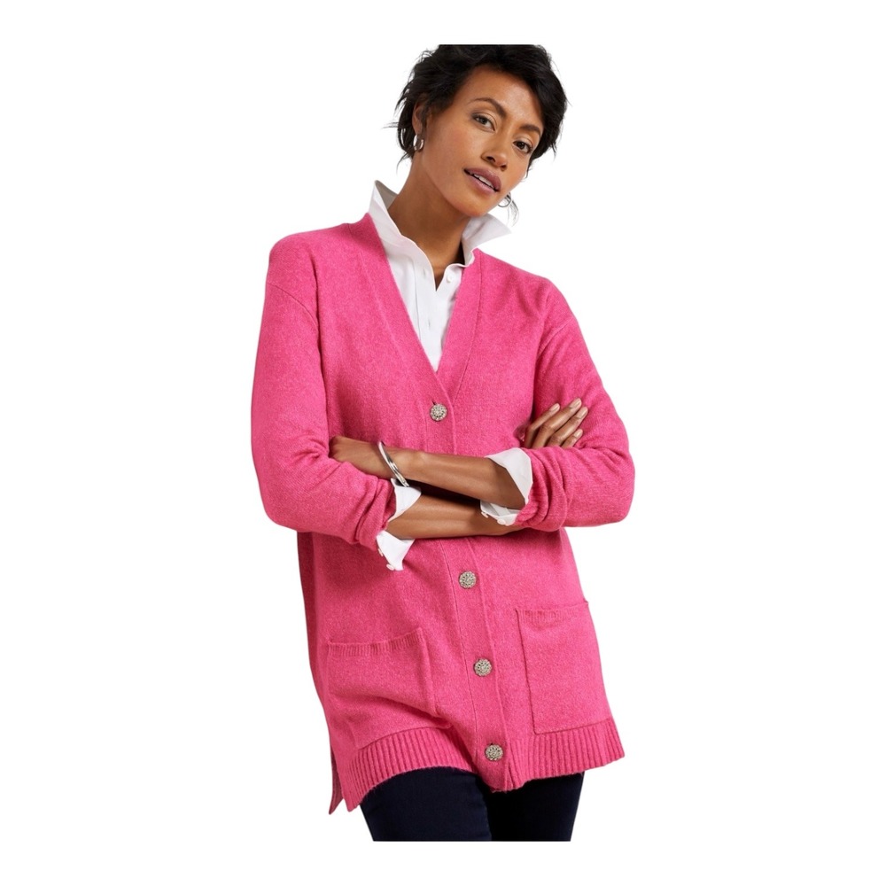 Talbots Womens Pink Longline‎ Cardigan Sweater Rhinestone Buttons Size M